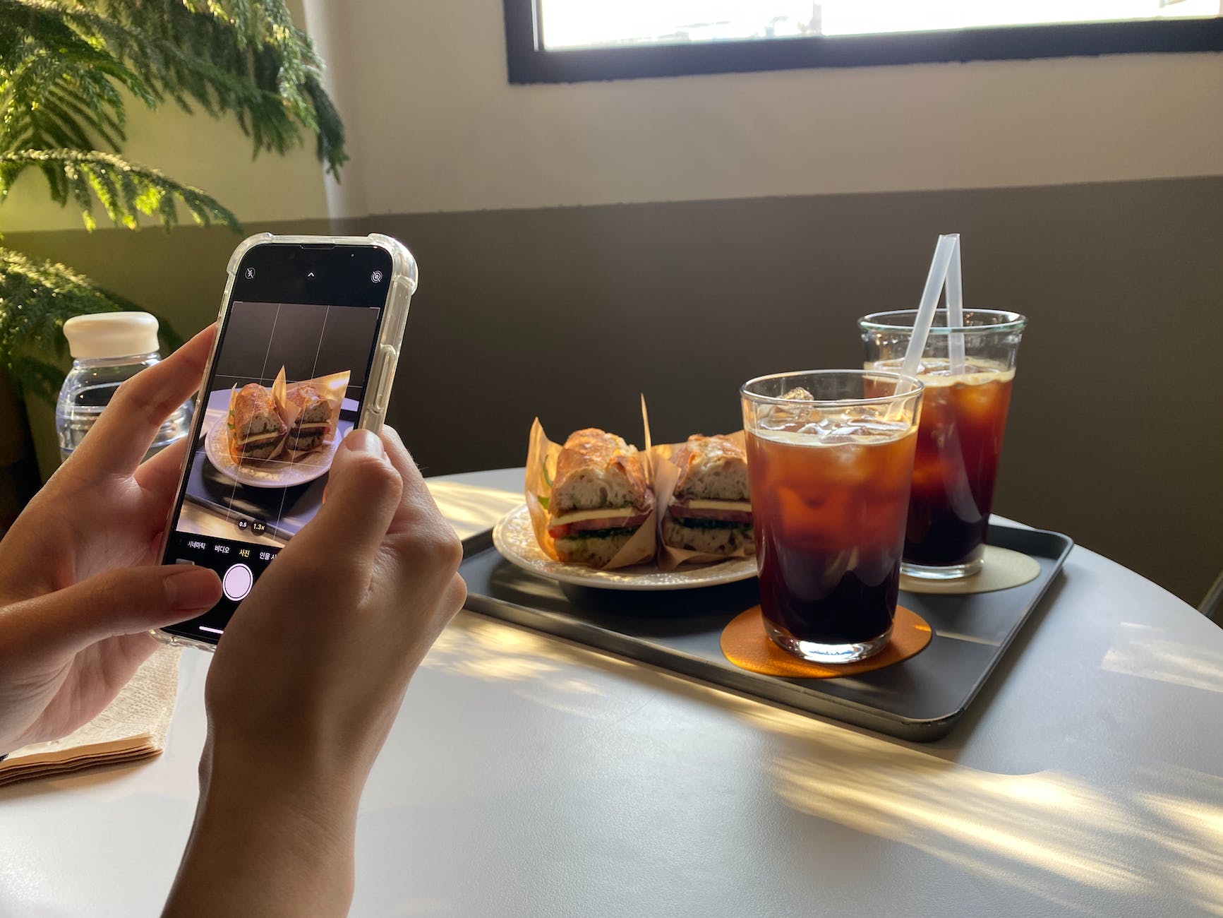 woman hands taking picture of tray with food and tea with ice