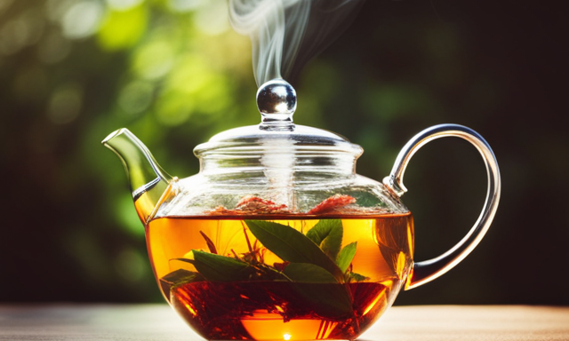 An image capturing the serene ritual of steeping Adagio Vanilla Rooibos tea: a delicate glass teapot adorned with blooming rooibos leaves, immersed in steaming water, diffusing its rich aroma into the air