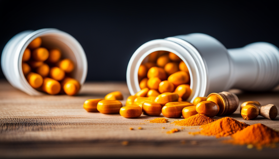 An image showcasing a vibrant close-up of Holland and Barrett Turmeric capsules, neatly arranged in a glass jar, surrounded by fresh turmeric roots, exuding a sense of natural goodness and health benefits