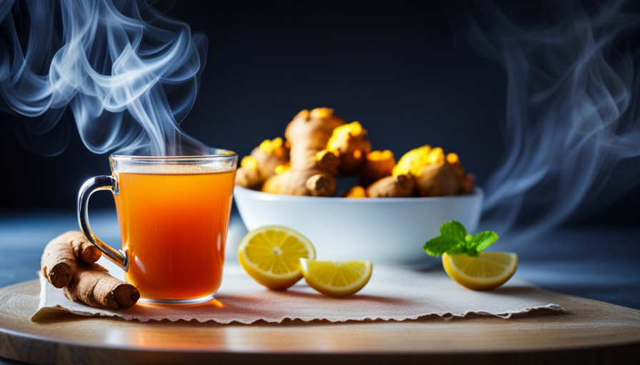 An image showcasing a steaming cup of vibrant ginger and turmeric tea, beautifully garnished with slices of lemon and a sprig of fresh mint, evoking a sense of calmness and suggesting its potential to lower blood pressure