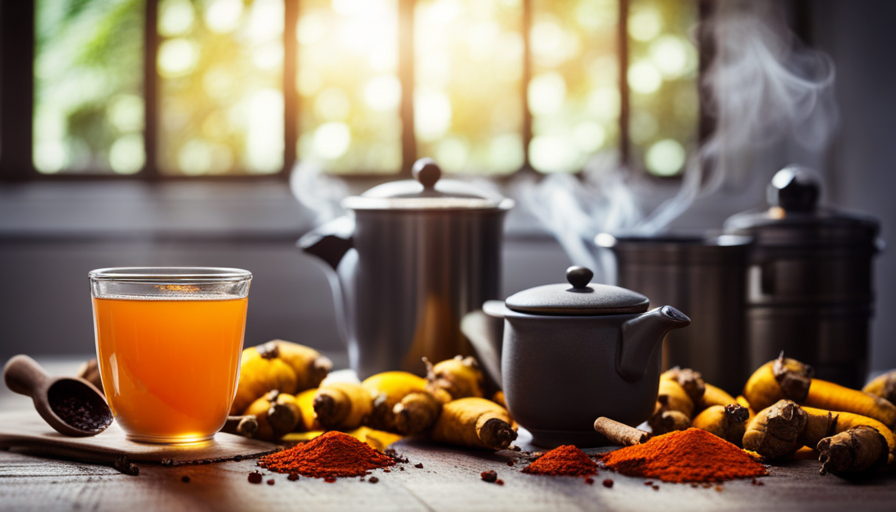 An image of a cozy, sunlit kitchen with a steaming cup of golden ginger turmeric tea placed on a rustic wooden table