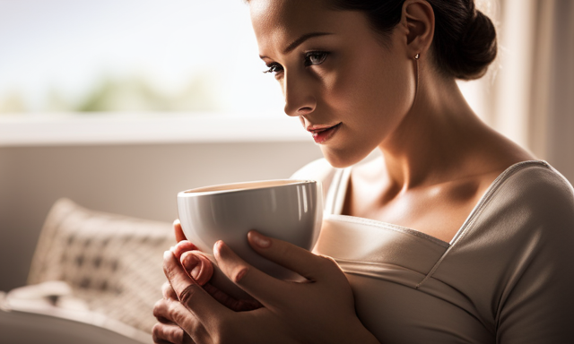 An image showcasing a serene, expectant mother gently cradling a warm cup of rooibos tea, emphasizing her glowing complexion and peaceful demeanor, illustrating the potential benefits of enjoying this caffeine-free herbal beverage during pregnancy