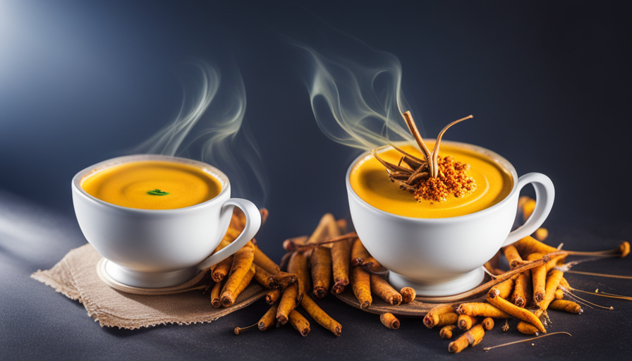 An image showcasing a vibrant yellow turmeric latte in a ceramic mug, with delicate wisps of steam rising from the creamy surface