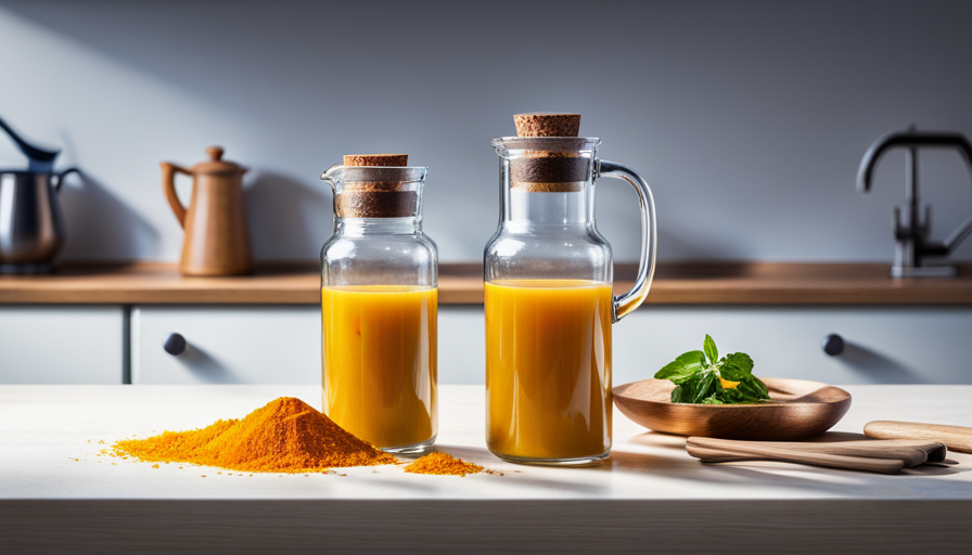 An image showcasing a serene, minimalist kitchen scene with a glass filled with vibrant golden turmeric-infused water on a sun-drenched countertop, surrounded by freshly grated turmeric root and a jug of creamy milk
