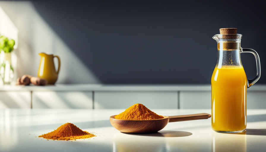 An image showcasing a serene, minimalist kitchen scene with a glass filled with vibrant golden turmeric-infused water on a sun-drenched countertop, surrounded by freshly grated turmeric root and a jug of creamy milk