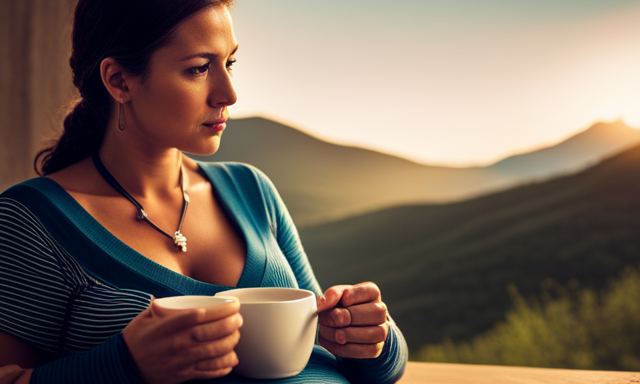 An image showcasing a serene, expectant mother cradling her baby bump while delicately sipping on a warm cup of yerba mate, emphasizing the safe and enjoyable experience of indulging in this traditional South American beverage during pregnancy