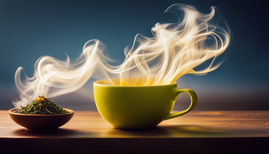 An image showcasing a steaming cup of vibrant green tea infused with golden turmeric