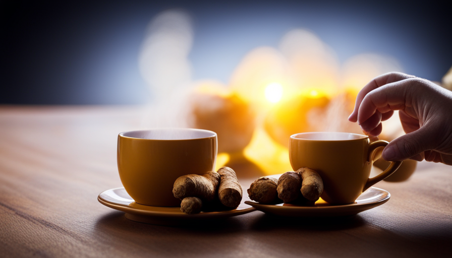 An image depicting a serene morning scene with a golden-hued teacup filled with steaming ginger and turmeric tea placed on a wooden table, surrounded by fresh ingredients like ginger root and turmeric powder