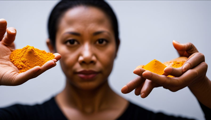 An image showcasing a split-screen composition of a person's hand before and after applying a turmeric-based skin product, highlighting the contrasting colors and the potential transformative effects of turmeric on skin tone