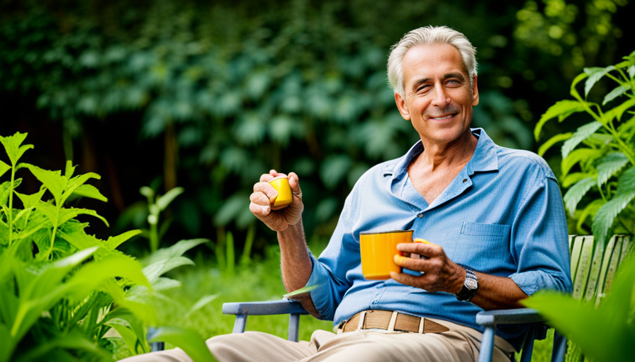 An image showcasing a man in his 50s, visibly relieved and relaxed, holding a cup of golden turmeric tea while sitting in a peaceful garden, surrounded by vibrant turmeric plants