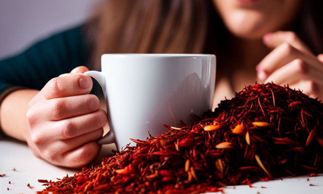 An image featuring a serene pregnant woman cradling a warm cup of rooibos tea, surrounded by vibrant red rooibos leaves