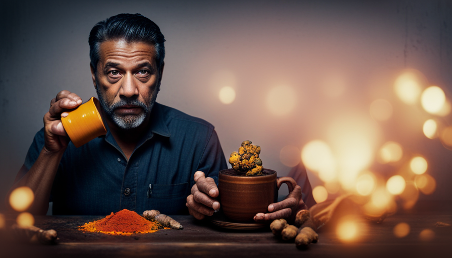 An image showcasing a person holding a steaming cup of turmeric ginger tea, with a worried expression on their face
