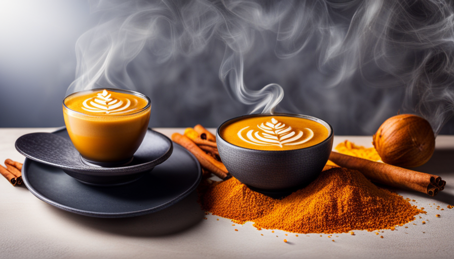 An image showcasing a vibrant, golden turmeric latte, swirled with frothy coconut milk, perfectly complemented by a sprinkle of black pepper and a delicate cinnamon stick, exuding warmth and healthfulness