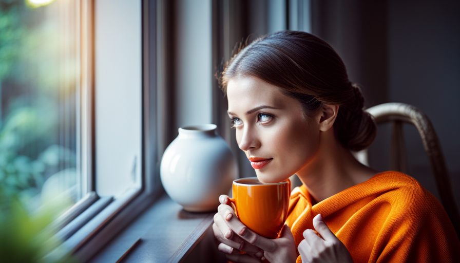 An image of a woman sitting at a sunlit window, sipping a steaming cup of vibrant orange turmeric tea