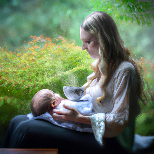 An image showcasing a serene mother cradling her newborn while savoring a steaming cup of herbal tea