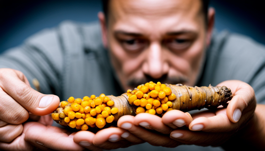 An image showing a person holding a vibrant yellow turmeric root, while a kidney stone is displayed in the background