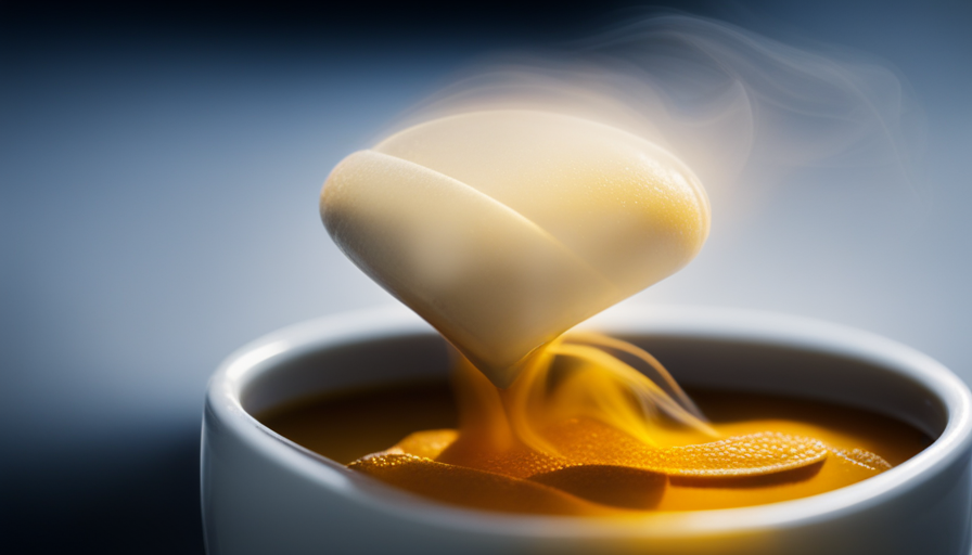 An image showcasing a steaming cup of golden tea, infused with turmeric capsules