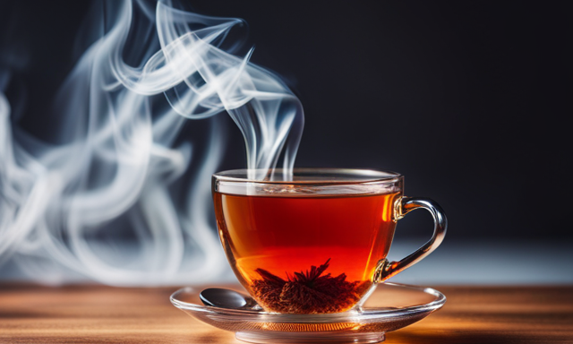 An image showcasing a steaming cup of Cedarburg Rooibos tea, enveloped in warm hues of amber and crimson