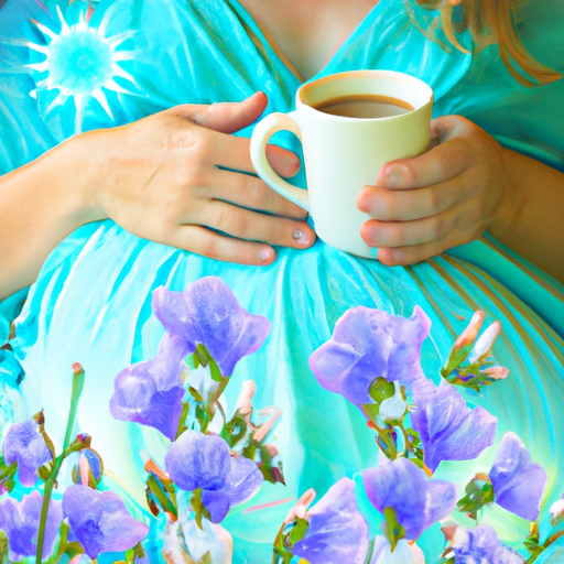 An image of a glowing pregnant woman enjoying a cup of herbal tea made from chicory root, surrounded by vibrant blue flowers