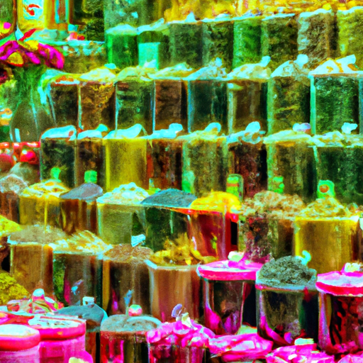 An image that showcases a vibrant, bustling Chinese marketplace adorned with stalls brimming with a colorful array of aromatic herbal teas