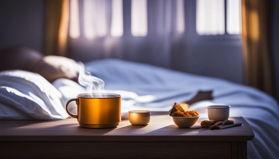 Create an image showcasing a serene bedroom scene with a cozy nightstand featuring a steaming cup of ginger turmeric tea