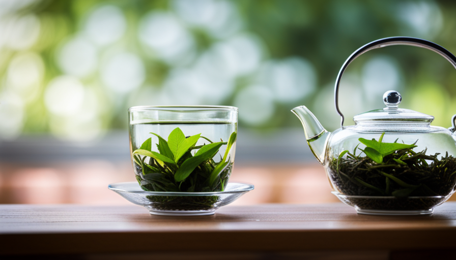 An image showcasing a serene, teacup-filled scenery, with vibrant green Kangen Ukon tea leaves gracefully steeping in a glass kettle