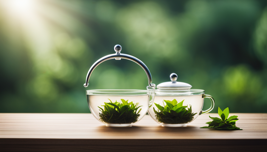 An image showcasing a serene, teacup-filled scenery, with vibrant green Kangen Ukon tea leaves gracefully steeping in a glass kettle