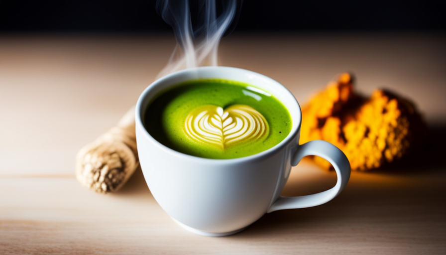 An image showcasing a vibrant green matcha latte infused with golden turmeric, elegantly poured into a ceramic mug