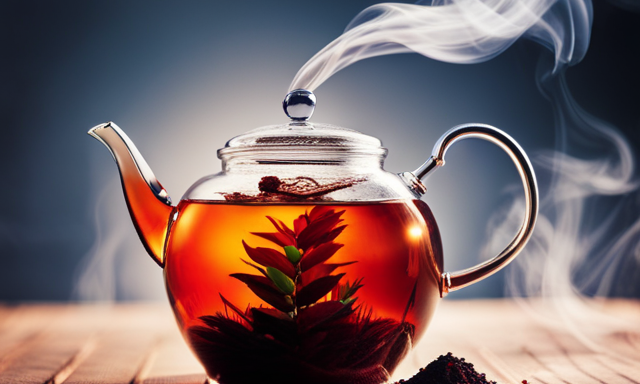 An image capturing the process of brewing rooibos tea: a steaming teapot filled with vibrant red tea leaves submerged in precisely measured 2 quarts of boiling water, releasing aromatic steam into the air