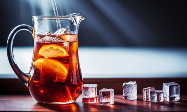 An image showing a glass pitcher filled with chilled Rooibos tea, condensation dripping down its sides