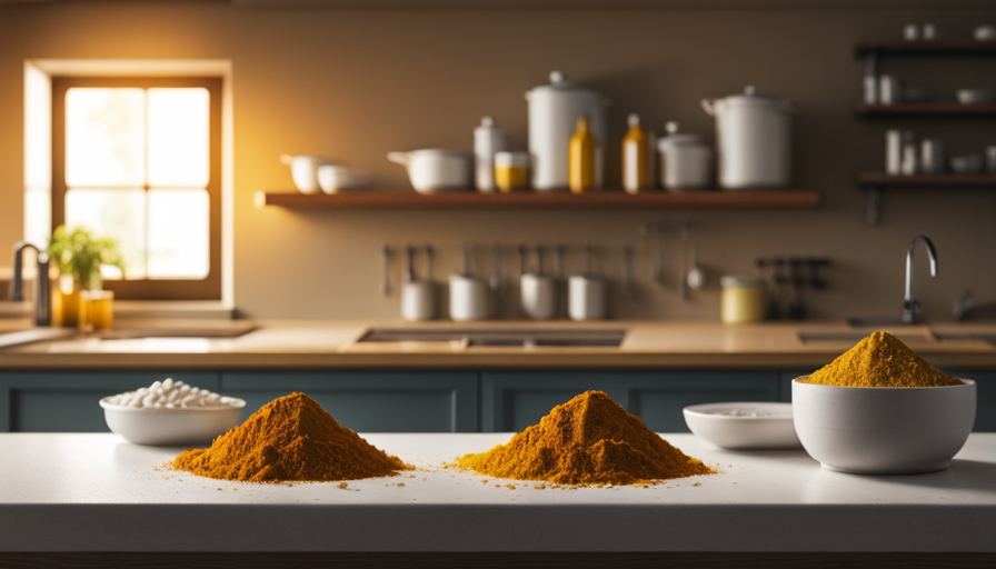 An image showcasing a vibrant, yellow-tinted kitchen counter with a variety of fresh ingredients, including turmeric powder, pill bottles of antibiotics, and a mortar and pestle, evoking curiosity about the potential interaction between turmeric and antibiotics