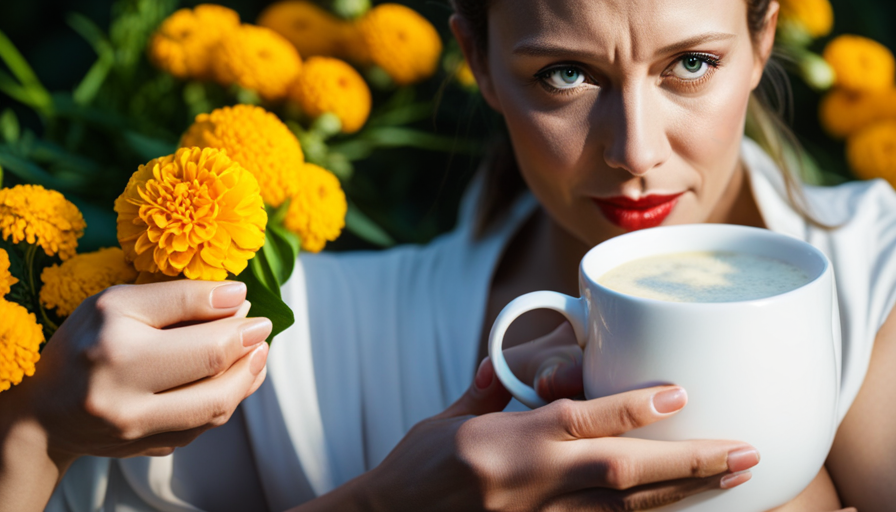 An image of a woman holding a warm mug of yellow turmeric latte, gently cradling her lower abdomen, surrounded by blooming marigold flowers