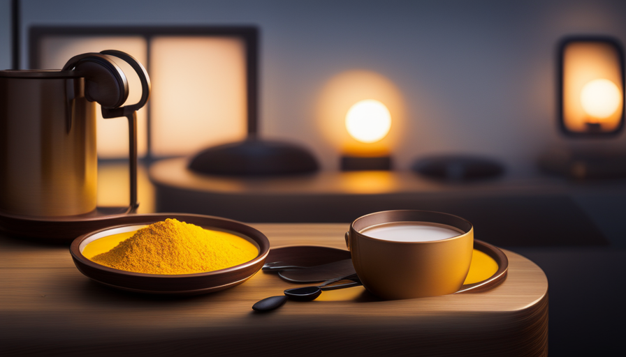 An image showcasing a serene, dimly lit bedroom, with a mug of warm, golden turmeric milk gently steaming on a bedside table