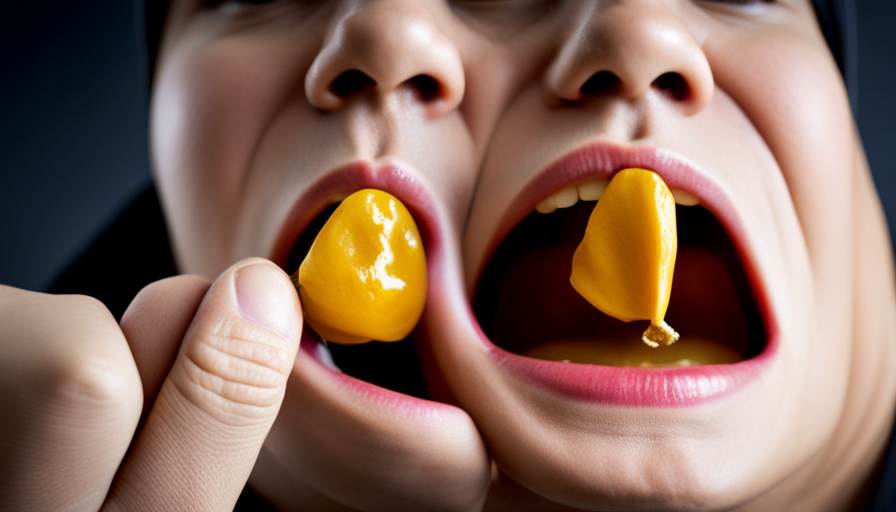 An image showcasing a close-up view of a person's mouth, capturing the peaceful expression on their face as they gently apply a golden-hued turmeric paste to their tooth, symbolizing the potential relief it may provide