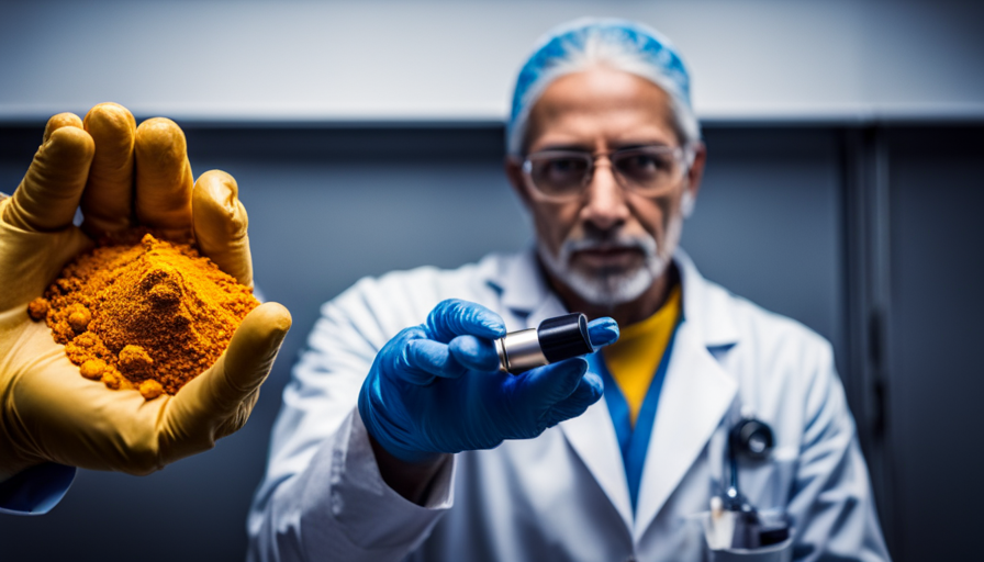 An image that showcases a vibrant, golden-hued turmeric root being examined by a medical professional's gloved hand using a glucose meter, revealing the impact of turmeric on insulin levels