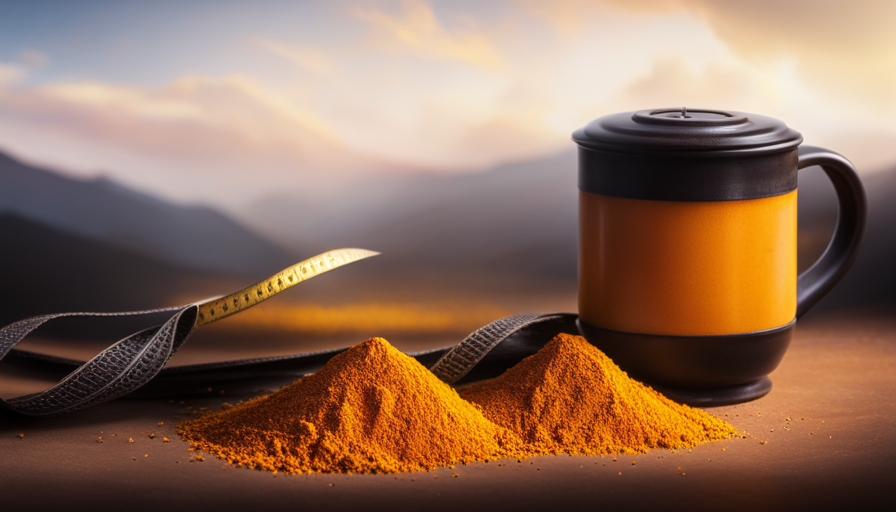 An image showcasing a vibrant mug filled with steaming turmeric tea, surrounded by freshly grated turmeric root, a lemon slice, and a tape measure gently wrapping around a slender waistline
