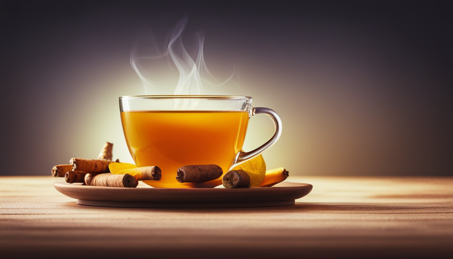 An image showcasing a serene cup of warm turmeric tea, gently swirling with vibrant golden hues