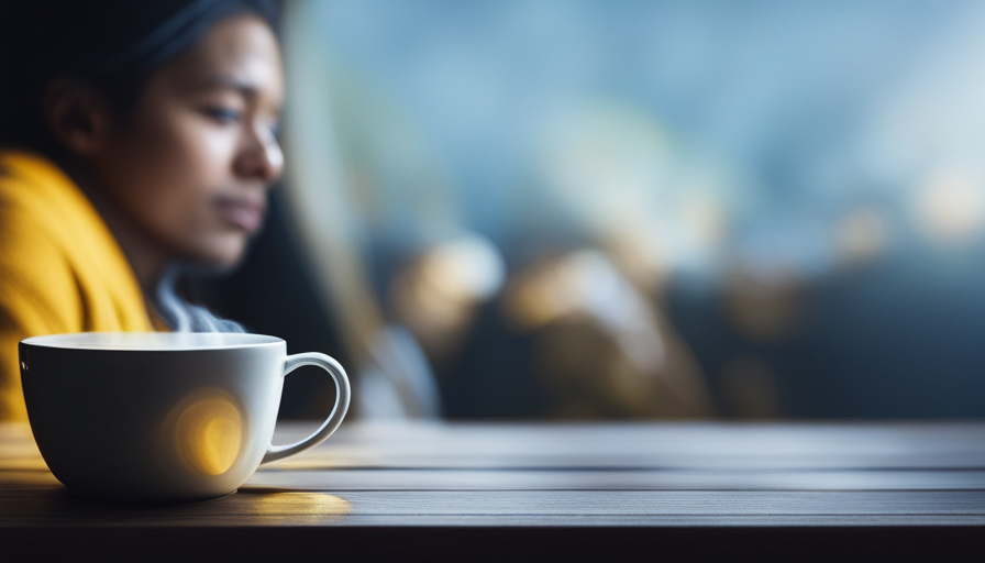 An image of a person sitting at a cozy, sunlit window, steam rising from a cup of vibrant yellow turmeric tea