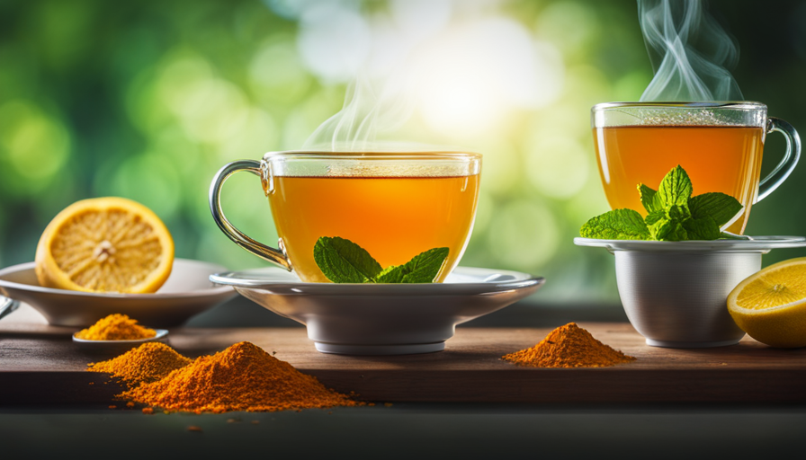 An image showcasing a steaming cup of golden turmeric tea, surrounded by vibrant green mint leaves and slices of fresh lemon, evoking a sense of soothing warmth and a potential remedy for acidity