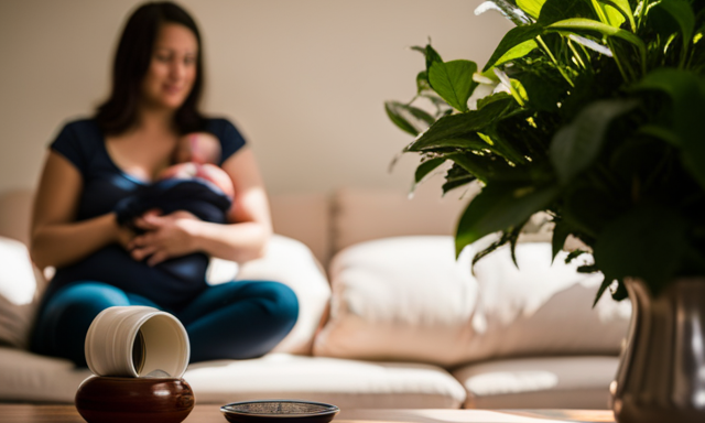 An image of a serene, expectant mother cradling her baby bump, sitting in a sunlit room adorned with lush green plants