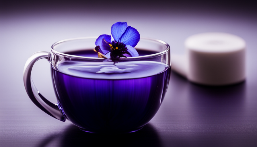 An image capturing the vibrant blue hues of freshly brewed Butterfly Pea Flower Tea, elegantly poured into a transparent glass teacup, accompanied by delicate dried flowers and a teapot in the background