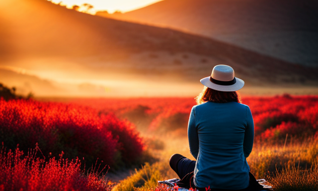 An image showcasing a serene scene with a person leisurely sipping a steaming cup of rooibos tea, surrounded by vibrant red bushes of the Rooibos plant, as the golden sunset bathes the landscape in a warm glow
