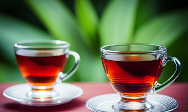 An image showcasing two cups of tea side by side; one filled with vibrant green Rooibos and the other with rich red Rooibos