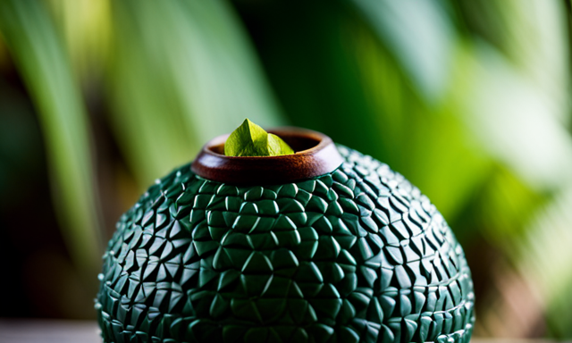 An image showcasing the vibrant green leaves of the Guayaki Yerba Mate plant, delicately arranged in a traditional gourd and sipped through a silver bombilla, capturing the essence of this invigorating South American beverage
