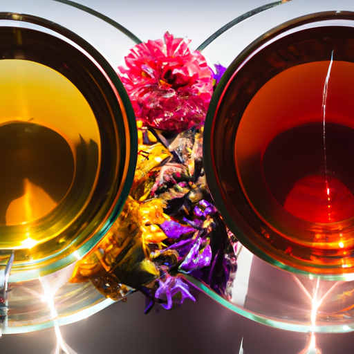 An image showcasing two contrasting tea cups - one filled with vibrant, aromatic herbal tea, bursting with colorful flowers and herbs, while the other holds a dark, rich black tea, steeped and ready to be enjoyed
