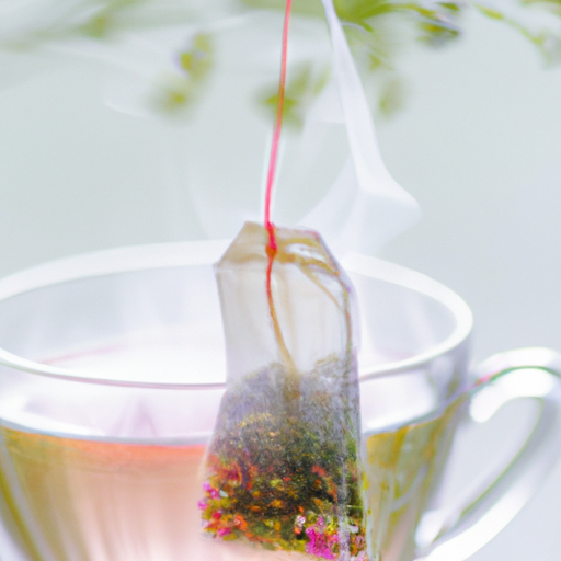 An image focusing on a close-up shot of a clear glass teacup, steam gently rising from it, with a vibrant array of fresh herbs and flowers visibly steeping inside a translucent herbal tea cleansing bag