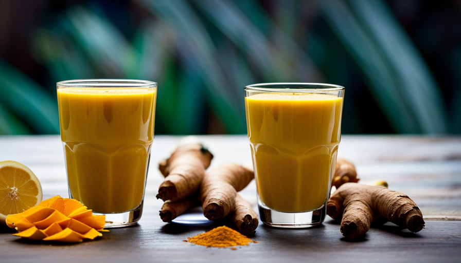 An image showcasing a vibrant bowl filled with a golden turmeric smoothie, surrounded by fresh ingredients like ginger, lemon, and coconut milk