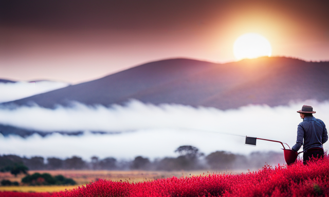 An image capturing the essence of making Rooibos tea: a vibrant, sun-kissed landscape with a farmer gently harvesting the crimson leaves, while nearby, a kettle steams, releasing the soothing aroma