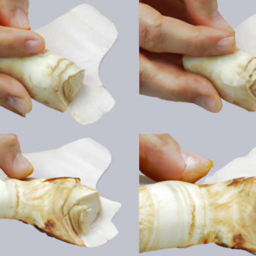 An image capturing the step-by-step process of preparing chicory root: a pair of hands peeling off the outer skin, revealing the creamy white flesh, then slicing it into thin, elegant strips