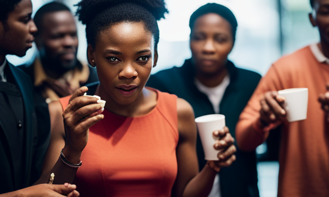 An image showcasing a diverse group of people from various regions, each holding a cup of rooibos tea, while their facial expressions and gestures convey their unique pronunciation, emphasizing the tea's cultural and linguistic diversity